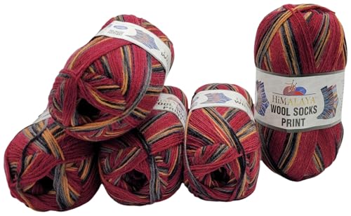 5 x 100 Gramm Himalaya Socks Print Sockenwolle mehrfarbig, 75% Merinowolle, 500 Gramm Wolle für Stricksocken und Strümpfe (rot schwarz grau ocker s43-03) von Ilkadim Export