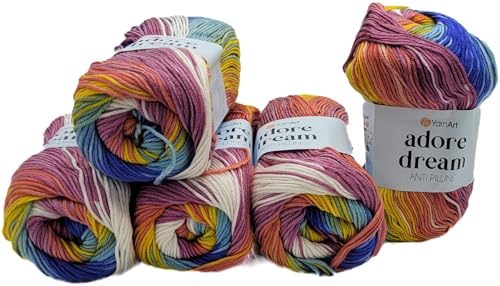 5 x 100 Gramm Ilkadim Export Adore dream antipilling Strickgarn, Wolle mehrfarbig, 500 Gramm Farbverlauf Strickwolle (beere orange gelb ua 1072) von Ilkadim Export