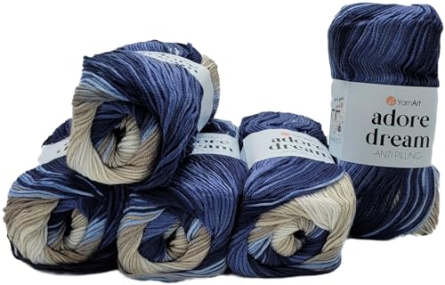 5 x 100 Gramm Ilkadim Export Adore dream antipilling Strickgarn, Wolle mehrfarbig, 500 Gramm Farbverlauf Strickwolle (blau taupe weiss 1073) von Ilkadim Export