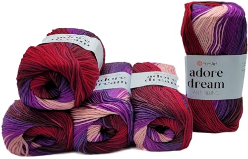 5 x 100 Gramm Ilkadim Export Adore dream antipilling Strickgarn, Wolle mehrfarbig, 500 Gramm Farbverlauf Strickwolle (bordeaux lila blush 1071) von Ilkadim Export