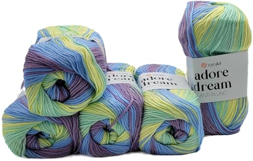 5 x 100 Gramm Ilkadim Export Adore dream antipilling Strickgarn, Wolle mehrfarbig, 500 Gramm Farbverlauf Strickwolle (flieder blau mint gelb 1076) von Ilkadim Export