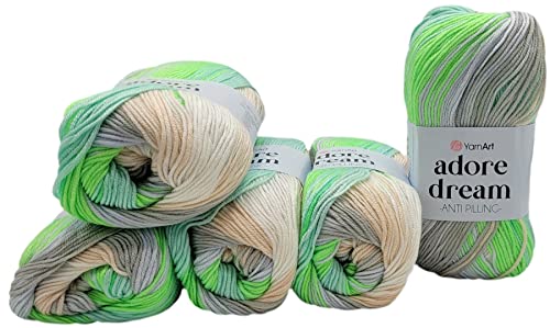 5 x 100 Gramm Ilkadim Export Adore dream antipilling Strickgarn, Wolle mehrfarbig, 500 Gramm Farbverlauf Strickwolle (grün grau beige weiss 1052) von Ilkadim Export