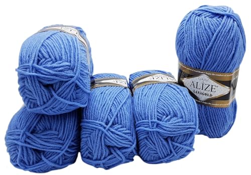 5 x 100 Gramm Ilkadim Export Lanagold Wolle mit 49% Wollanteil, 500 Gramm Paket für Stricken und Häkeln (blau 40) von Ilkadim Export