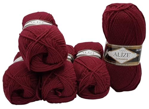 5 x 100 Gramm Ilkadim Export Lanagold Wolle mit 49% Wollanteil, 500 Gramm Paket für Stricken und Häkeln (bordeaux 57) von Ilkadim Export