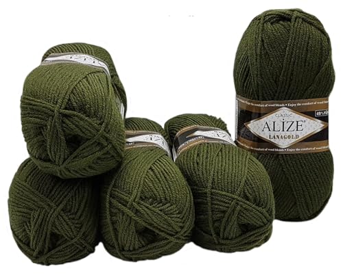 5 x 100 Gramm Ilkadim Export Lanagold Wolle mit 49% Wollanteil, 500 Gramm Paket für Stricken und Häkeln (dunkelgrün 29) von Ilkadim Export