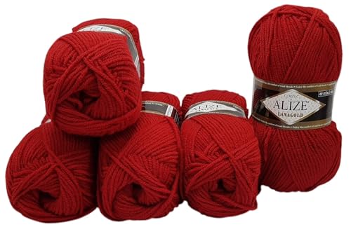 5 x 100 Gramm Ilkadim Export Lanagold Wolle mit 49% Wollanteil, 500 Gramm Paket für Stricken und Häkeln (rot 56) von Ilkadim Export