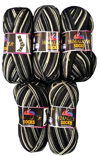 5 x 100 Gramm Ilkadim Export Sockenwolle Himalaya Socks, 75% Wolle, 25% Nylon, 500 Gramm Strickgarn für Stricksocken und Strümpfe (schwarz grau weiß 150-01) von Ilkadim Export