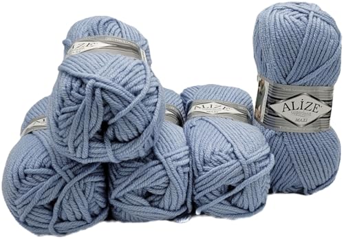 5 x 100 Gramm Ilkadim Export Superlana Maxi Strickgarn einfarbig, 500 Gramm Strickwolle, Häkelgarn 75% Acryl 25% Wolle, extra dick (hellblau 480) von Ilkadim Export