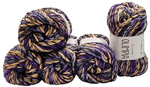 5 x 100 Gramm Olimpia Strickgarn, Multicolor Dochtgarn, 500 Gramm Strickwolle 20% Wolle, extra dick (1412 lila grau pfirsich) von Ilkadim Export