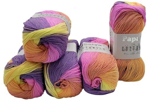 5 x 100 Gramm Papatya Cottonish Antipilling Wolle mit Farbverlauf, 500 Gramm Strickwolle mit Anti-Pilling Effekt Mehrfarbig (flieder rosa orange 01) von Ilkadim Export