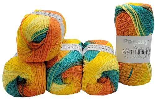 5 x 100 Gramm Papatya Cottonish Antipilling Wolle mit Farbverlauf, 500 Gramm Strickwolle mit Anti-Pilling Effekt Mehrfarbig (grün orange gelb 10) von Ilkadim Export