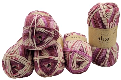 5 x 100 Gramm Sockenwolle Alize Wooltime mehrfarbig, 75% Superwash Wolle, 500 Gramm Strickwolle für Stricksocken und Strümpfe (beere rosa weiss 11020) von Ilkadim Export