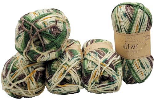 5 x 100 Gramm Sockenwolle Alize Wooltime mehrfarbig, 75% Superwash Wolle, 500 Gramm Strickwolle für Stricksocken und Strümpfe (braun grün weiss gelb 11021) von Ilkadim Export