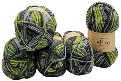 5 x 100 Gramm Sockenwolle Alize Wooltime mehrfarbig, 75% Superwash Wolle, 500 Gramm Strickwolle für Stricksocken und Strümpfe (grau grün 11019) von Ilkadim Export
