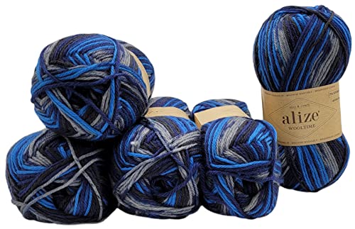 5 x 100 Gramm Sockenwolle Alize Wooltime mehrfarbig, 75% Superwash Wolle, 500 Gramm Strickwolle für Stricksocken und Strümpfe (schwarz blau grau 11011) von Ilkadim Export