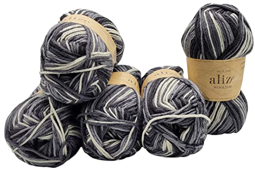 5 x 100 Gramm Sockenwolle Alize Wooltime mehrfarbig, 75% Superwash Wolle, 500 Gramm Strickwolle für Stricksocken und Strümpfe (schwarz grau weiss 11016) von Ilkadim Export