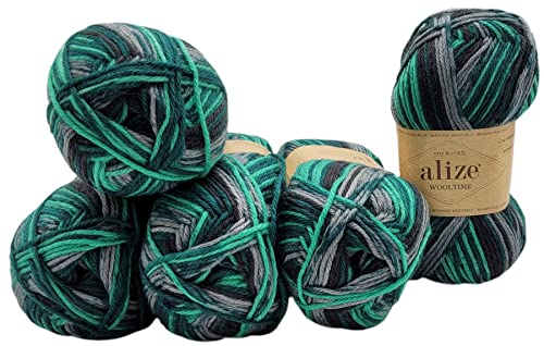 5 x 100 Gramm Sockenwolle Alize Wooltime mehrfarbig, 75% Superwash Wolle, 500 Gramm Strickwolle für Stricksocken und Strümpfe (schwarz grün grau 11012) von Ilkadim Export