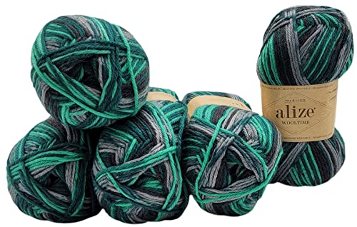 5 x 100 Gramm Sockenwolle Ilkadim Export Wooltime mehrfarbig, 75% Superwash Wolle, 500 Gramm Strickwolle für Stricksocken und Strümpfe (schwarz grün grau 11012) von Ilkadim Export