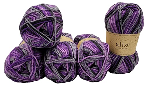 5 x 100 Gramm Sockenwolle Alize Wooltime mehrfarbig, 75% Superwash Wolle, 500 Gramm Strickwolle für Stricksocken und Strümpfe (schwarz lila grau 11013) von Ilkadim Export
