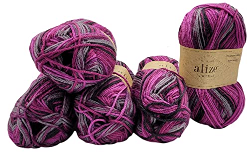 5 x 100 Gramm Sockenwolle Alize Wooltime mehrfarbig, 75% Superwash Wolle, 500 Gramm Strickwolle für Stricksocken und Strümpfe (schwarz violett grau 11018) von Ilkadim Export