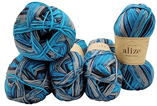 Ilkadim Export 5 x 100 Gramm Sockenwolle Alize Wooltime mehrfarbig, 75% Superwash Wolle, 500 Gramm Strickwolle für Stricksocken und Strümpfe (türkis schwarz grau 11017) von Ilkadim Export