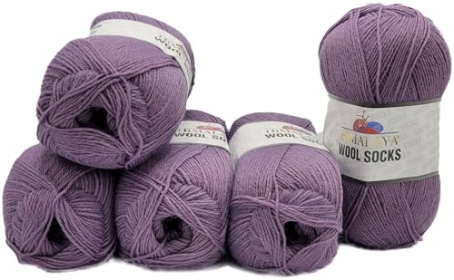 5 x 100 Gramm Sockenwolle Ilkadim Export Wool Socks uni mit 75% Merinowolle, 500 Gramm Paket Wolle zum Stricken und Häkeln (flieder S-850) von Ilkadim Export