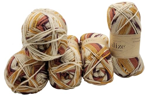 5 x 100 Gramm Sockenwolle Ilkadim Export Wooltime mehrfarbig, 75% Superwash Wolle, 500 Gramm Strickwolle für Stricksocken und Strümpfe (braun ocker creme 11022) von Ilkadim Export