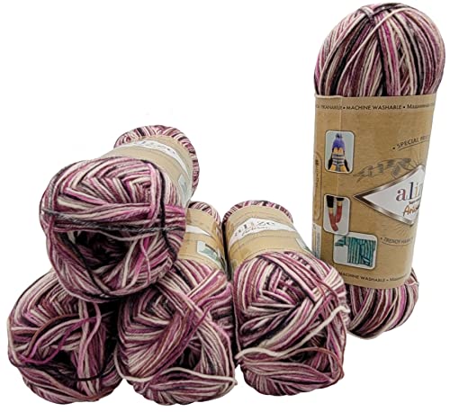 5 x 100 Gramm Sockenwolle mehrfarbig, 75% Schurwolle, 500 Gramm Wolle für Stricksocken und Strümpfe (lila flieder rosa u.a. 9011) von Ilkadim Export