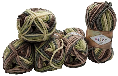 5 x 100 Gramm Superlana Maxi Batik Wolle, 500 Gramm Strickwolle mehrfarbig 75% Acryl 25% Wolle (braun beige grün creme 7804) von Ilkadim Export