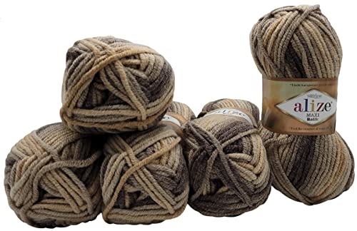 5 x 100 Gramm Superlana Maxi Batik Wolle, 500 Gramm Strickwolle mehrfarbig 75% Acryl 25% Wolle (braun beige ocker 7800) von Ilkadim Export