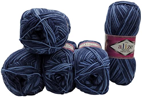 5 x 100 Gramm Superwash Sockenwolle einfarbig und mehrfarbig, 75% Schurwolle, 500 Gramm Wolle für Stricksocken und Strümpfe (dunkelblau blau 7677) von Ilkadim Export