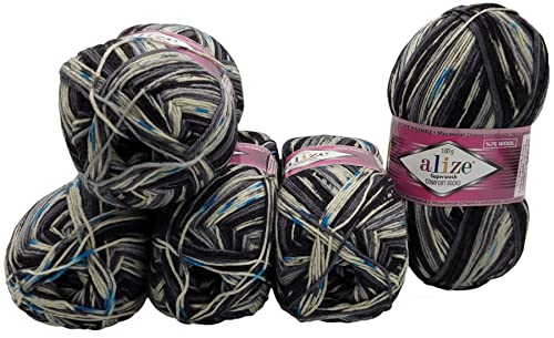 5 x 100 Gramm Superwash Sockenwolle einfarbig und mehrfarbig, 75% Schurwolle, 500 Gramm Wolle für Stricksocken und Strümpfe (schwarz grau blau weiss 7650) von Ilkadim Export
