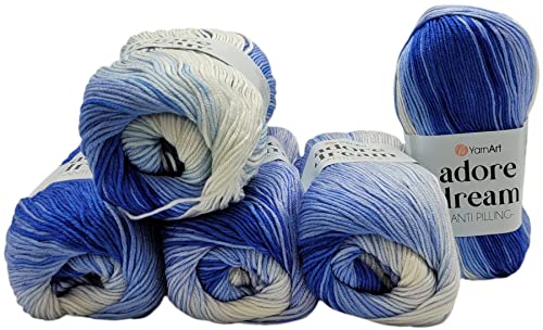 5 x 100 Gramm Ilkadim Export Adore dream antipilling Strickgarn, Wolle mehrfarbig, 500 Gramm Farbverlauf Strickwolle (blau weiss 1067) von Ilkadim Export