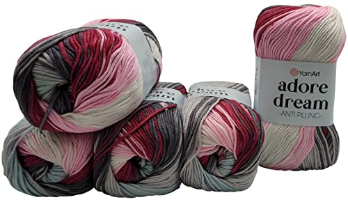 5 x 100 Gramm YarnArt Adore dream antipilling Strickgarn, Wolle mehrfarbig, 500 Gramm Farbverlauf Strickwolle (bordeaux rosa grau weiss 1066) von Ilkadim Export