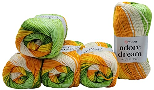 5 x 100 Gramm YarnArt Adore dream antipilling Strickgarn, Wolle mehrfarbig, 500 Gramm Farbverlauf Strickwolle (orange grün gelb weiss 1058) von Ilkadim Export