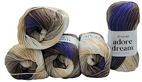 5 x 100 Gramm YarnArt Adore dream antipilling Strickgarn, Wolle mehrfarbig, 500 Gramm Farbverlauf Strickwolle (schwarz grau creme ua 1050) von Ilkadim Export