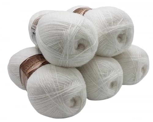 5 x 100 g Angora gold simli Glitzerwolle, Effektwolle einfarbig, 500 Gramm Metallic - Wolle mit 20% Woll-Anteil (weiss 55) von Ilkadim Export