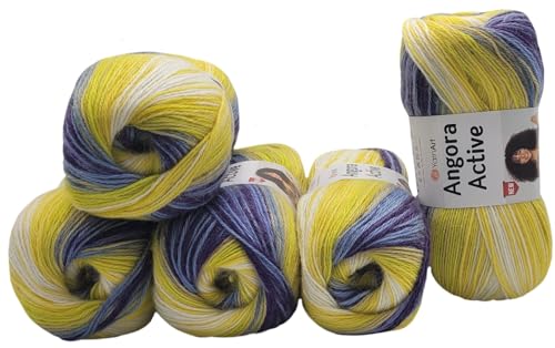 5 x 100 g Ilkadim Export Angora Active Strickwolle mehrfarbig mit Farbverlauf, 500 Gramm Strickgarn mit 20% Wolle, Farbverlaufswolle (lila blau gelb weiss 854) von Ilkadim Export