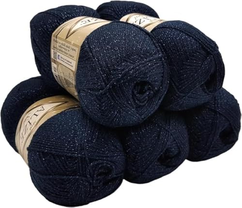 5 x 100 g Ilkadim Export Glitzerwolle SAL zum Stricken und Häkeln, 500 Gramm Metallic – Wolle (Dunkelblau 58) von Ilkadim Export