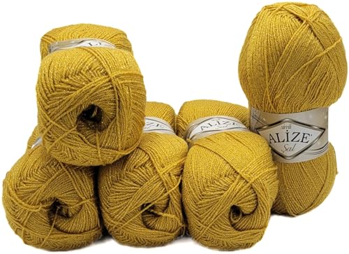 5 x 100 g Ilkadim Export Glitzerwolle SAL zum Stricken und Häkeln, 500 Gramm Metallic – Wolle (Goldgelb 02) von Ilkadim Export