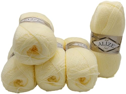 5 x 100 g Ilkadim Export Glitzerwolle SAL zum Stricken und Häkeln, 500 Gramm Metallic – Wolle (creme 01) von Ilkadim Export