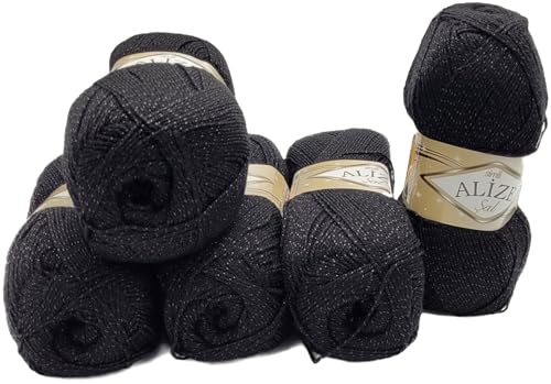 5 x 100 g Ilkadim Export Glitzerwolle SAL zum Stricken und Häkeln, 500 Gramm Metallic – Wolle (schwarz 60) von Ilkadim Export