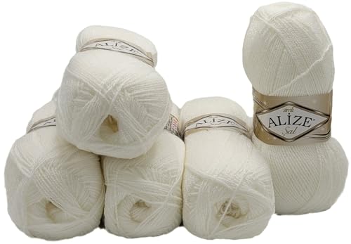 5 x 100 g Ilkadim Export Glitzerwolle SAL zum Stricken und Häkeln, 500 Gramm Metallic – Wolle (weiss 55) von Ilkadim Export