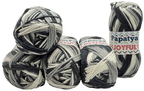 5 x 100 g Strickgarn Papatya Joyful mehrfarbig mit Farbverlauf, 500 Gramm Strickwolle 20% Wolle-Anteil bunt, Farbverlaufsgarn (schwarz grau weiss 14) von Ilkadim Export