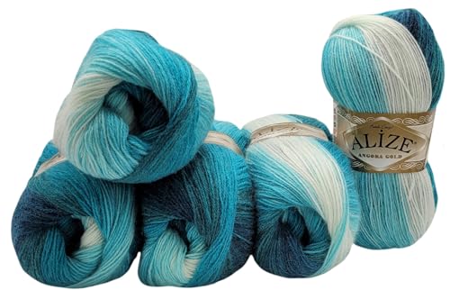 5 x 100 g Strickwolle Angora gold mehrfarbig mit Farbverlauf, 500 Gramm Strickgarn mit 20% Wolle-Anteil (1892 petrol türkis weiss) von Ilkadim Export
