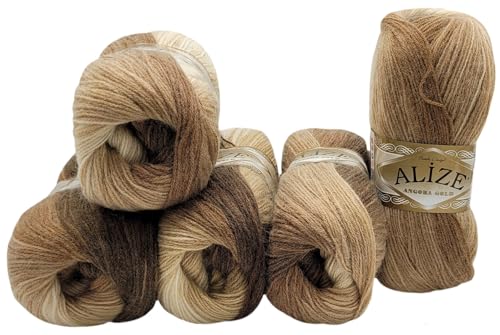5 x 100 g Strickwolle Angora gold mehrfarbig mit Farbverlauf, 500 Gramm Strickgarn mit 20% Wolle-Anteil (braun beige 6779) von Ilkadim Export