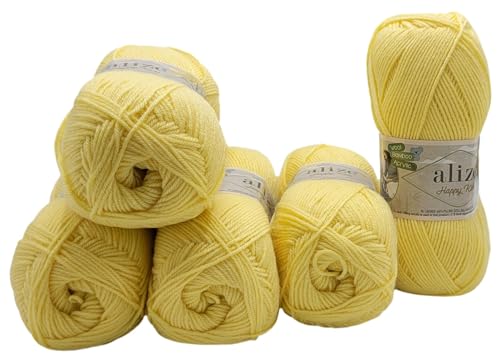 5 x 100g Alize Happy Kids Strickgarn mit Wolle und Bambus, 500 Gramm Strickwolle einfarbig, Bambuswolle uni (gelb 187) von Ilkadim Export