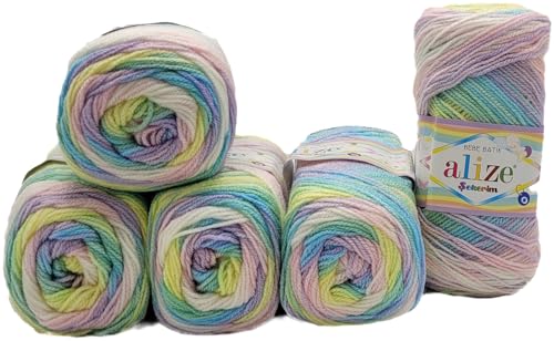5 x 100g Babywolle Ilkadim Export Sekerim Bebe Batik Mehrfarbig, 500 Gramm Wolle Acryl Strickgarn (grün gelb rosa 2132) von Ilkadim Export