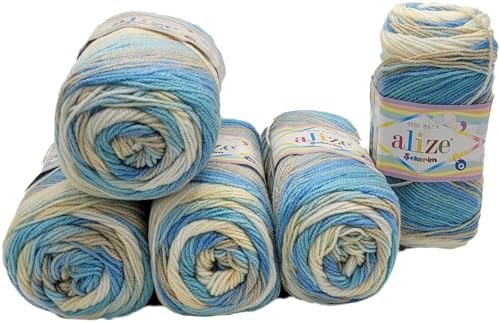 5 x 100g Babywolle Ilkadim Export Sekerim Bebe Batik Mehrfarbig, 500 Gramm Wolle Acryl Strickgarn (türkis beige creme 4398) von Ilkadim Export