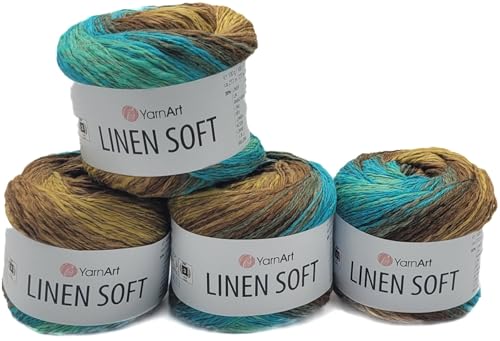 4 x 100g Ilkadim Export Linen Soft Strickwolle mit Leinen, Viskose und Baumwolle. 400 Gramm hochwertiges weiches Garn, Strickgarn (braun türkis grün 7409) von Ilkadim Export